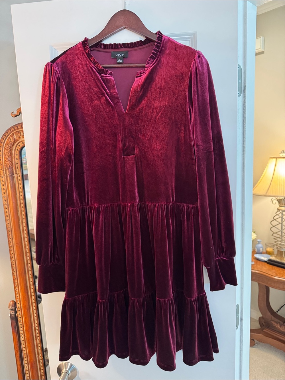 CeCe Velvet Peplum Dress in Wine Red